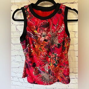 HAPARI Red Black Hibiscus Floral High Neck Coastal Tropical Tankini Swim Top L